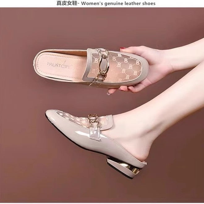 网纱半拖女2025春夏季新款包头半拖鞋女外穿中跟粗跟凉拖鞋女