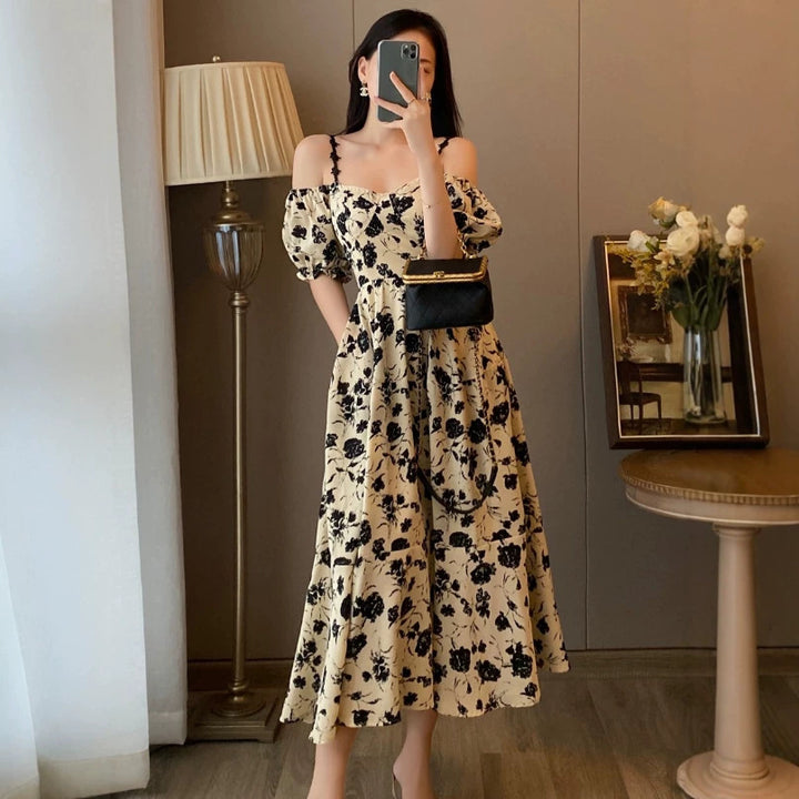 Sexy Floral Off-Shoulder Slip Dress – French Vintage Slim Fit Maxi Dress