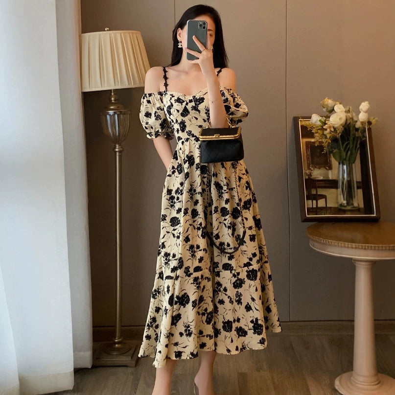 Sexy Floral Off-Shoulder Slip Dress – French Vintage Slim Fit Maxi Dress