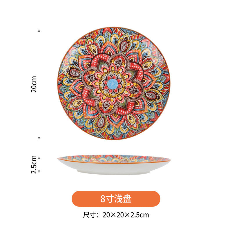 跨境波西米亚陶瓷餐具创意家用釉下彩饭碗汤碗手柄盘烤盘餐具套装