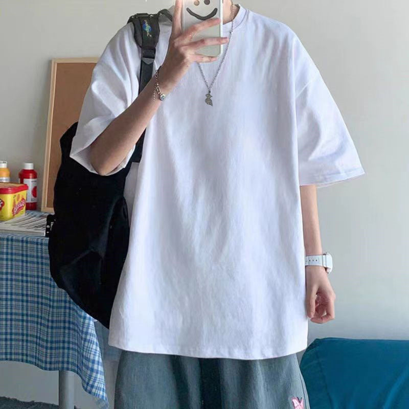纯棉短袖高级感T恤男港风潮牌大码圆领体恤青少年五分袖厂家直销