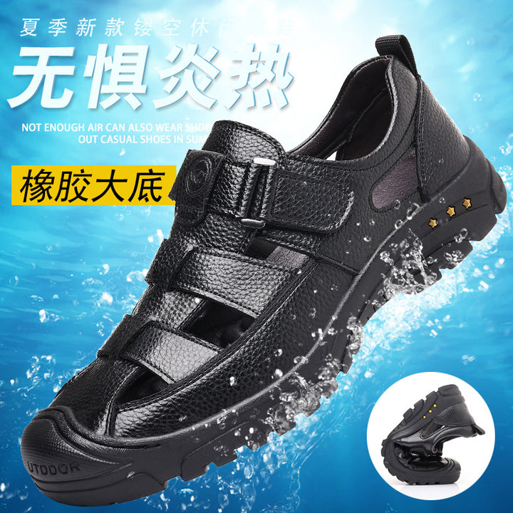 外贸【头层牛皮】男包头真牛皮沙滩凉鞋软皮洞洞鞋透气鞋休闲百搭