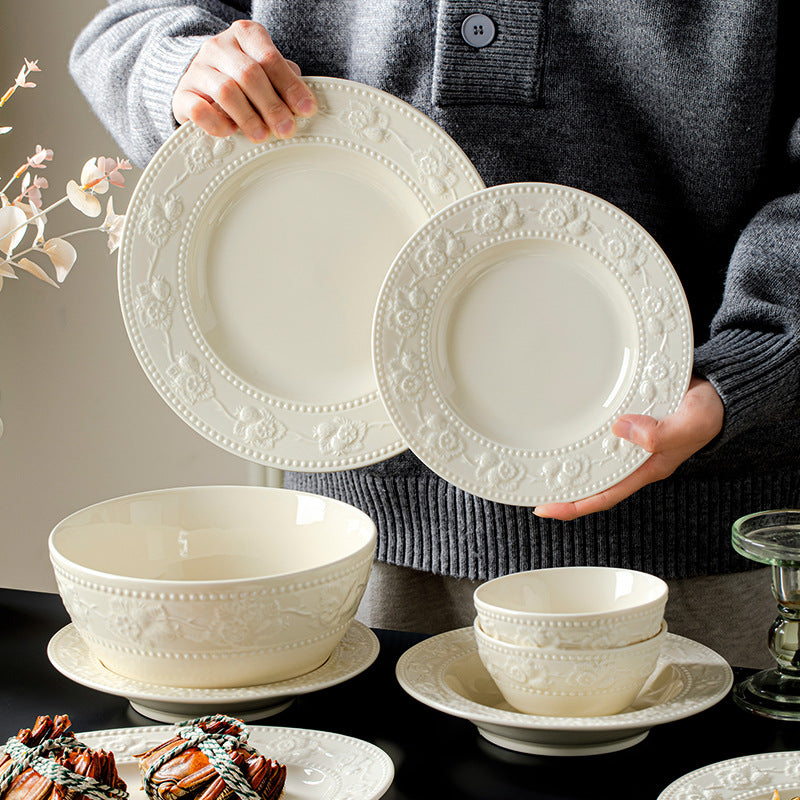 Bowl & Plate Tableware Set Embossed Plate Ceramic Bowl Plate Premium Feel French