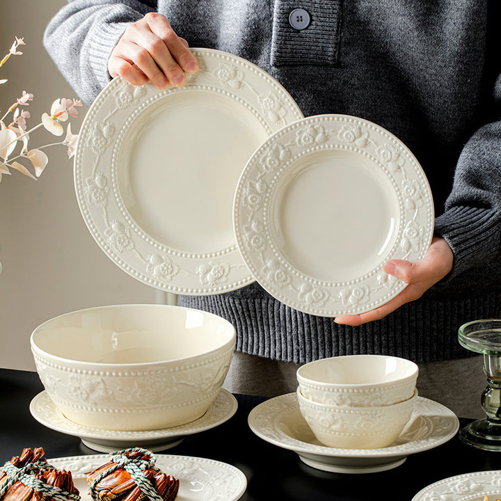 Bowl & Plate Tableware Set Embossed Plate Ceramic Bowl Plate Premium Feel French