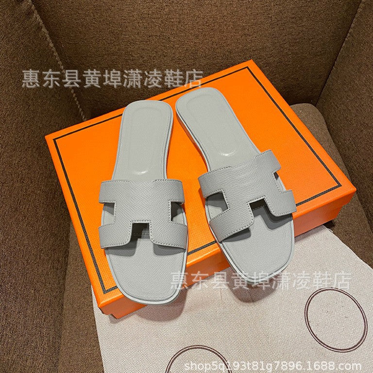 跨境外贸经典H拖鞋羊皮平底女拖鞋沙滩一字拖鞋女士凉拖鞋