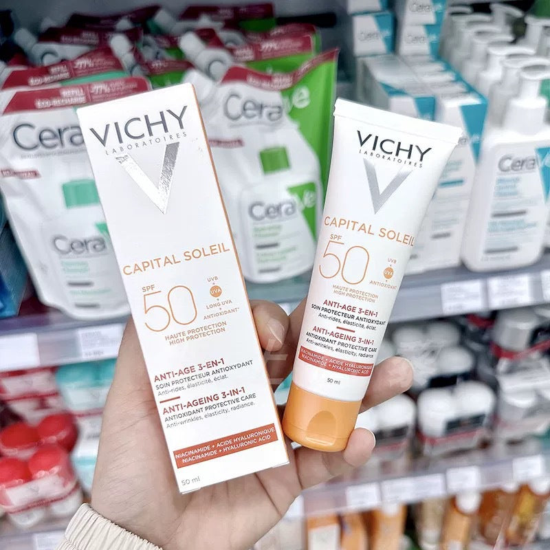 V-ichy跨境转供法国薇V姿三合一抗皱淡斑防晒霜SPF50哑光控油乳50
