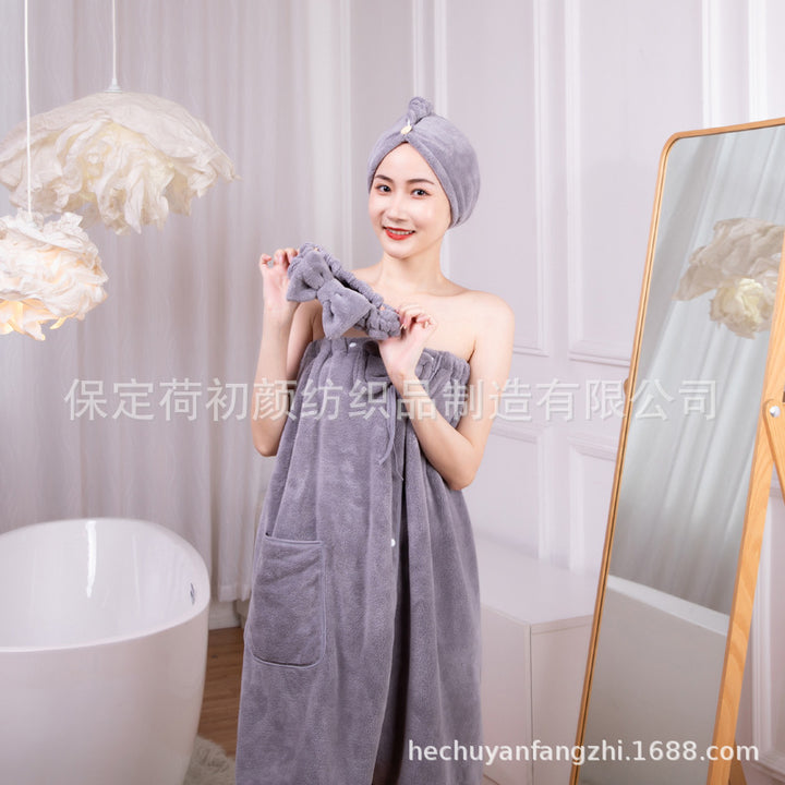 现货珊瑚绒浴裙套装柔软吸水蝴蝶结抹胸浴巾干发帽发带礼品亲肤