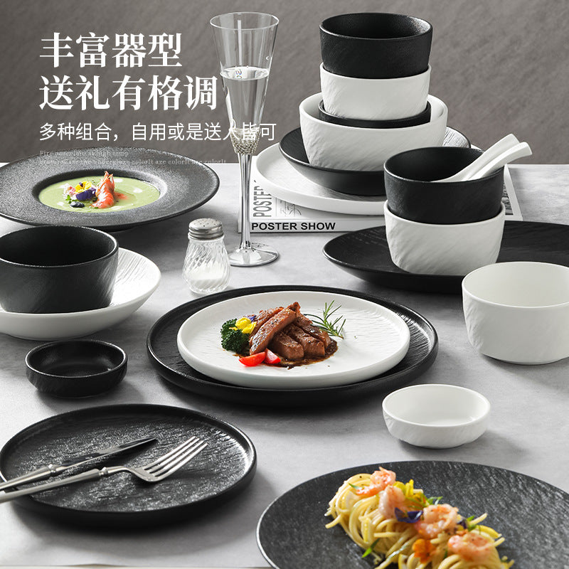 碗碟套装家用黑白岩纹高颜值饭碗盘子乔迁碗筷碗具釉下彩餐具套装