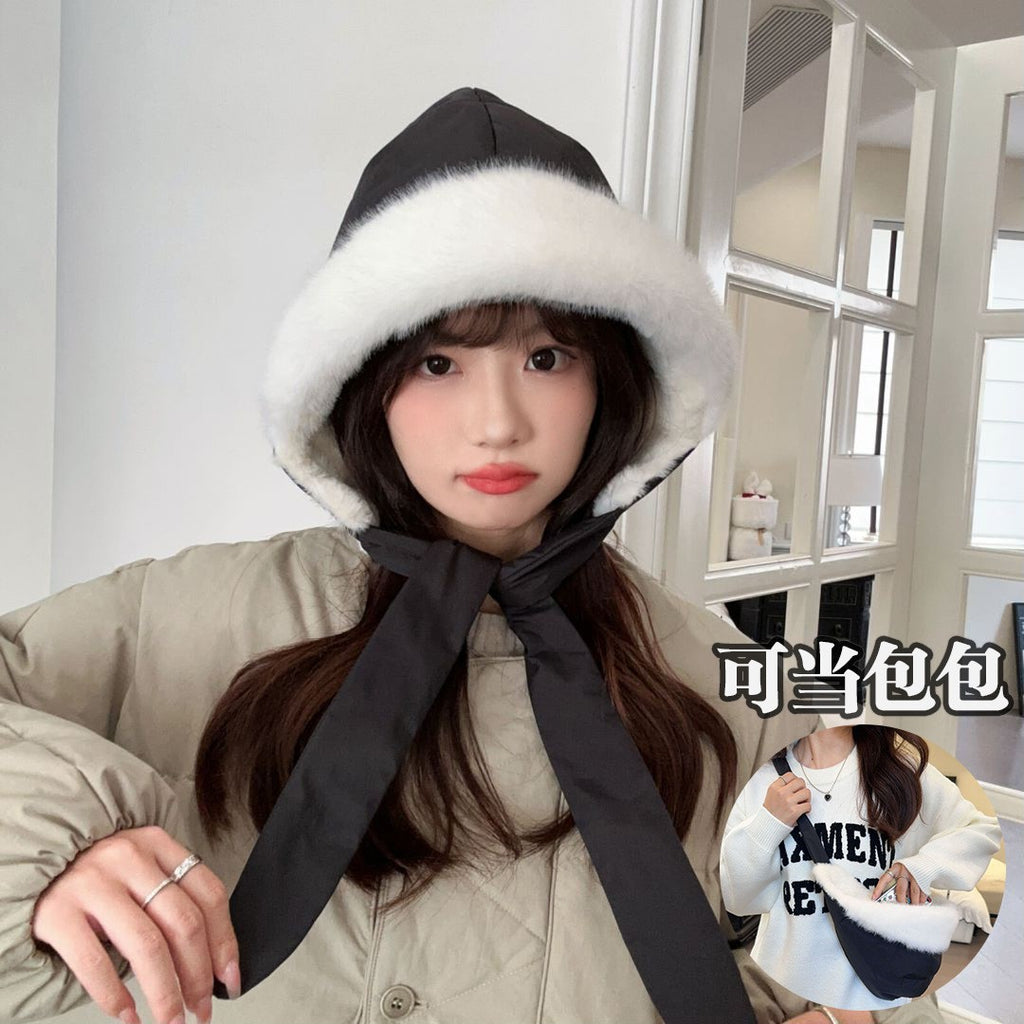 跨境帽子女冬季水波纹毛绒帽防风保暖套头帽可戴头盔骑行帽子批发