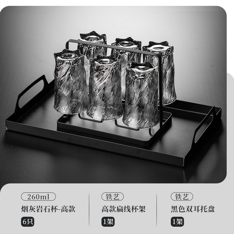 家用水杯套装复古浮雕冰川玻璃杯子水杯高级感茶水杯啤酒杯子