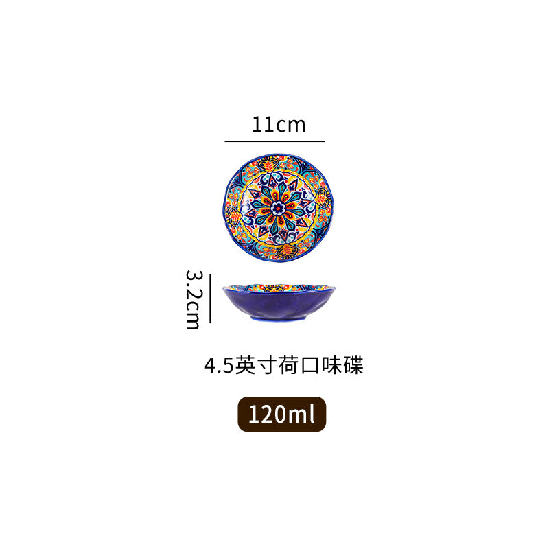 波西米亚陶瓷碗碟套装釉下彩饭碗家用复古双耳汤面碗高级感菜盘子