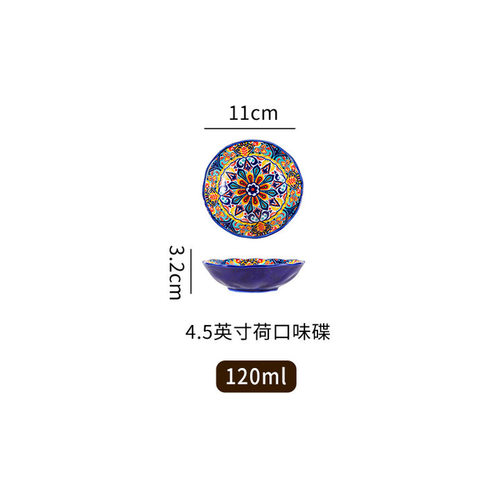 波西米亚陶瓷碗碟套装釉下彩饭碗家用复古双耳汤面碗高级感菜盘子