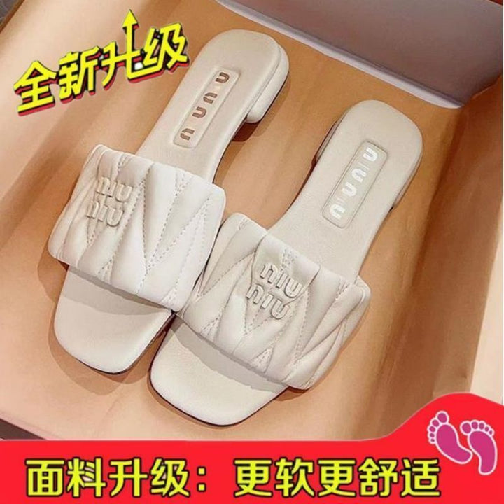 夏日浪漫 拖鞋女款夏季外穿少女褶皱平跟底防滑度假三亚方头凉拖
