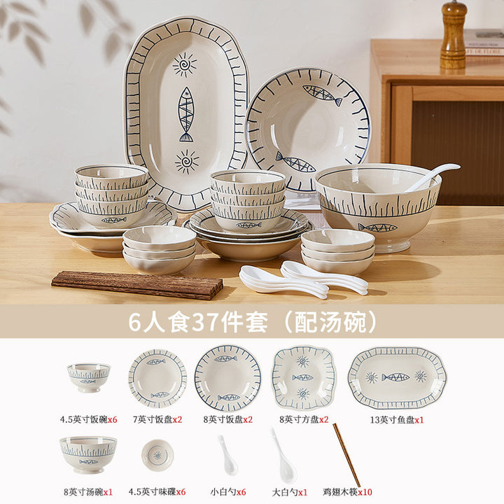 日式釉下彩陶瓷碗盘套装家用餐具一人食高颜值餐具套装乔迁送礼