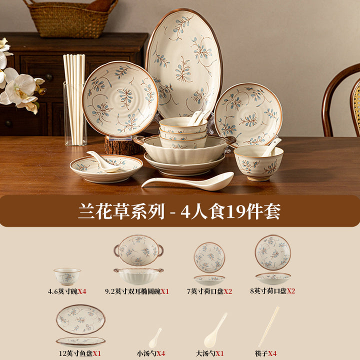新中式陶瓷套装批发碗盘复古高颜值釉下彩米饭碗菜盘餐具礼盒装