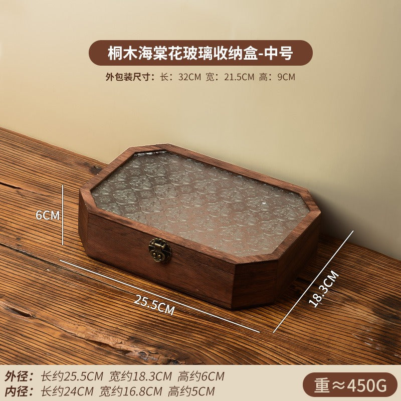 木质海棠花玻璃化妆品收纳盒桌面摆设复古风八边型翻盖防尘木盒