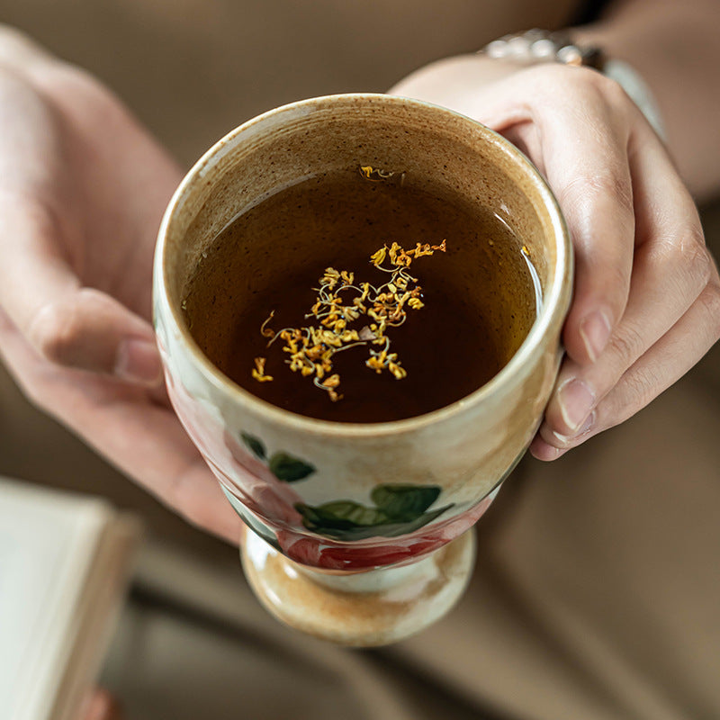 手绘粗陶无把杯复古杯子批发日式陶瓷高脚杯家用水杯餐厅茶杯酒杯