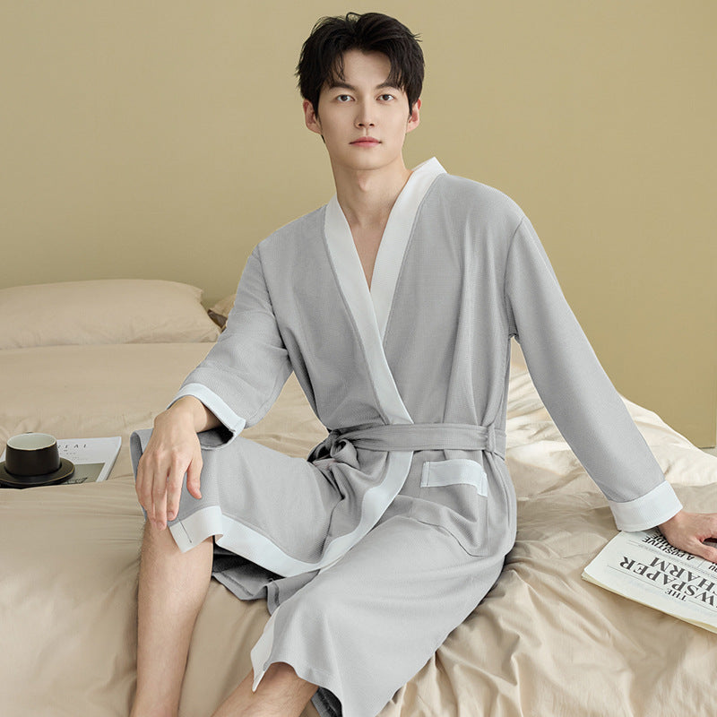 华夫格情侣浴袍女春秋夏季宽松中长款大衣男士睡袍简约大码家居服