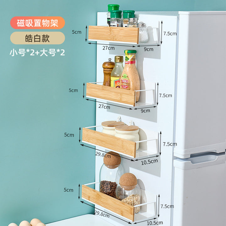 跨境厨房壁挂式竹木置物架磁吸式冰箱架侧挂收纳架免打孔调料架盒