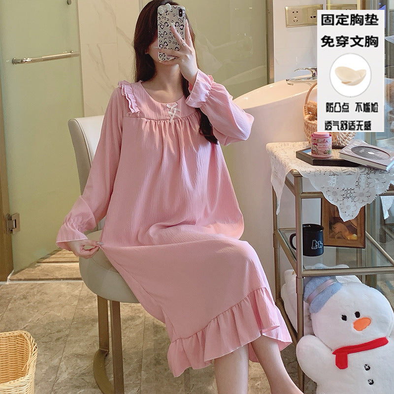 秋季新款简约纯色长袖睡裙女士云朵棉圆领蝴蝶结带胸垫宽松中长款