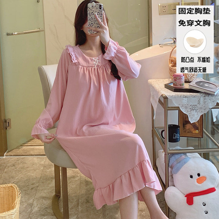秋季新款简约纯色长袖睡裙女士云朵棉圆领蝴蝶结带胸垫宽松中长款