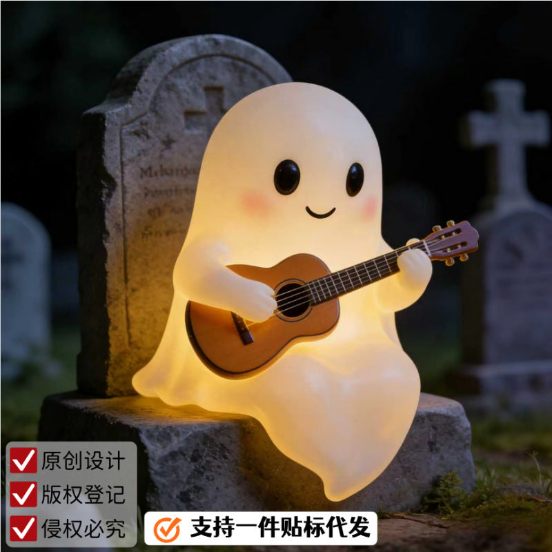 跨境万圣节幽灵吉他看书小夜灯可爱鬼读书灯礼物家居桌面摆件装饰