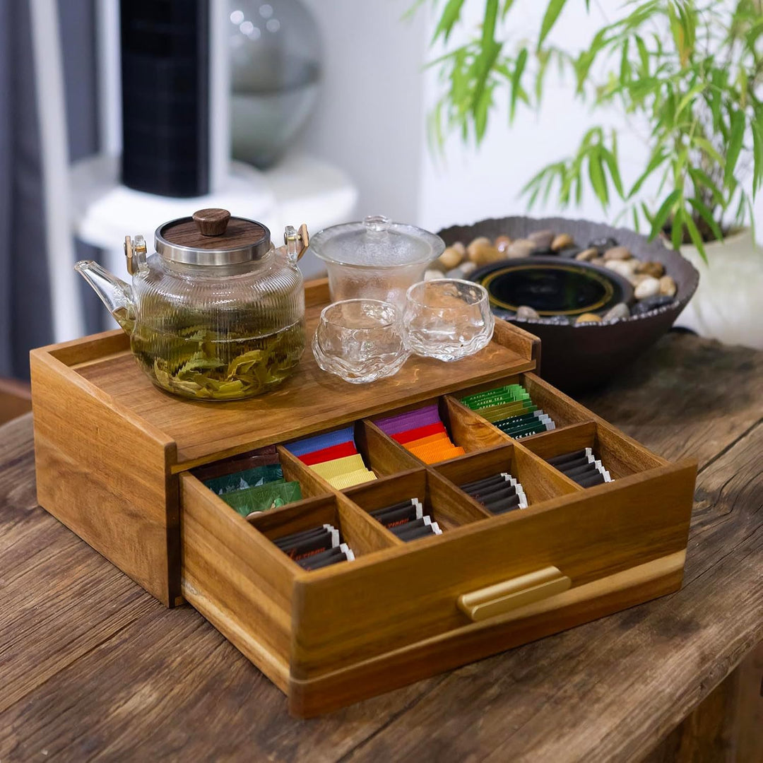 木质茶包收纳盒抽屉式茶具储存桌面收纳底座木制梧桐木分格茶包盒
