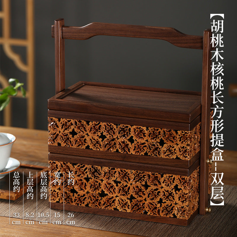 实木新中式盒子核桃工艺点心盒实木茶具收纳提篮胡桃木手提食盒子