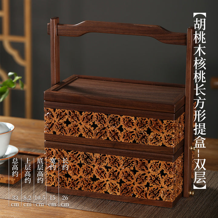 实木新中式盒子核桃工艺点心盒实木茶具收纳提篮胡桃木手提食盒子