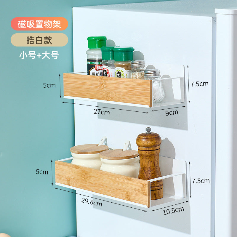 跨境厨房壁挂式竹木置物架磁吸式冰箱架侧挂收纳架免打孔调料架盒