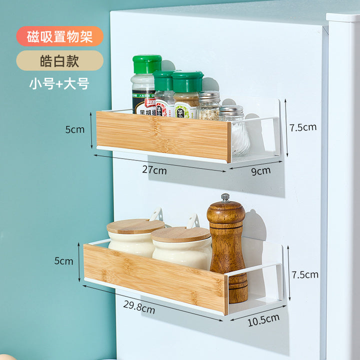 跨境厨房壁挂式竹木置物架磁吸式冰箱架侧挂收纳架免打孔调料架盒