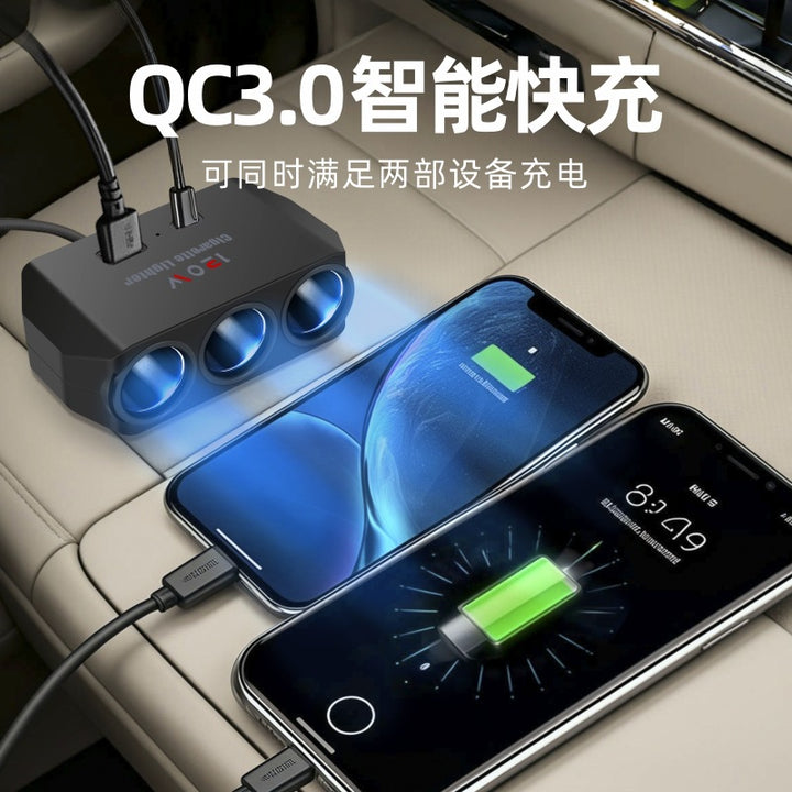 Type-C Car Charger 3-in-1 Fast Charging – Cigarette Lighter Adapter with USB Expansion PD+