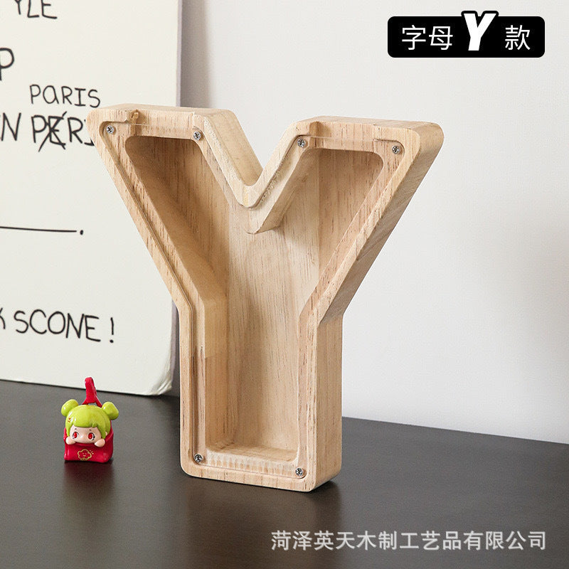 现货木质26个英文字母储蓄罐儿童小玩具收纳盒透明亚克力存钱罐子