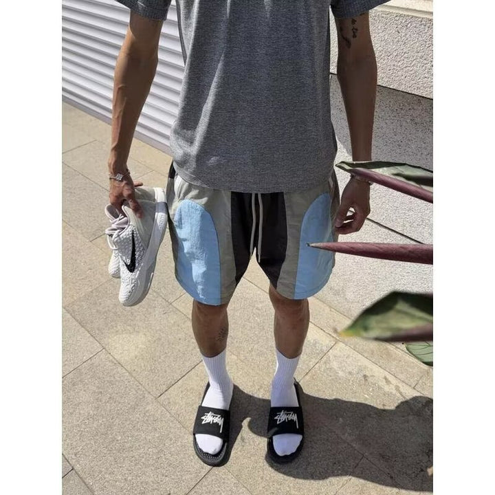 美式复古撞色拼接轻薄运动短裤男女休闲宽松五分裤百搭沙滩裤