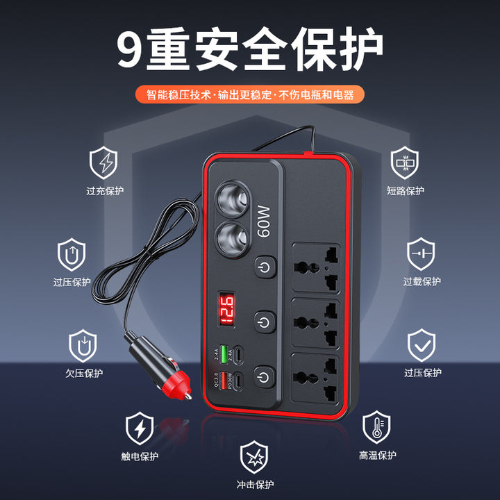 150 W Car Power Inverter – Cigarette Lighter Adapter with Dual USB + Dual Type-C Fast Charging Socket