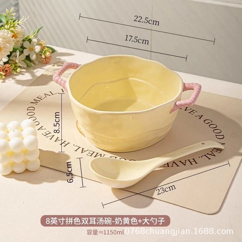 Double Handle Ceramic Bowl – Noodle Soup & Salad Bowl for Home & Dorm