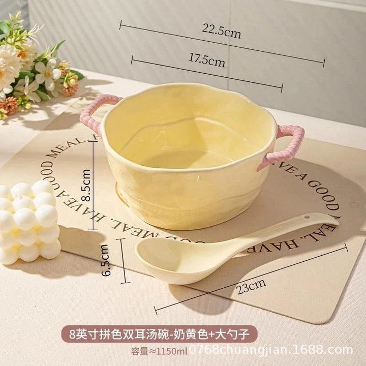 Double Handle Ceramic Bowl – Noodle Soup & Salad Bowl for Home & Dorm