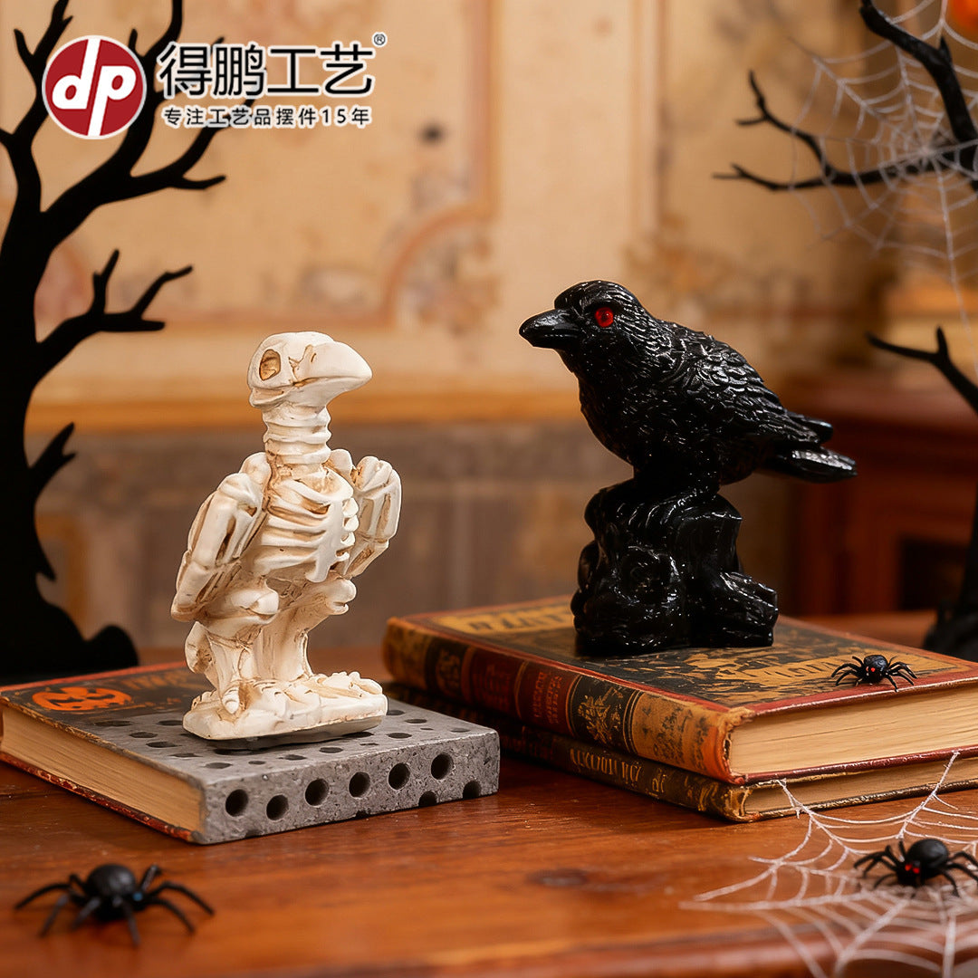 跨境新品万圣节迷你骷髅乌鸦装饰品鬼节巫师道具家居摆件树脂工艺