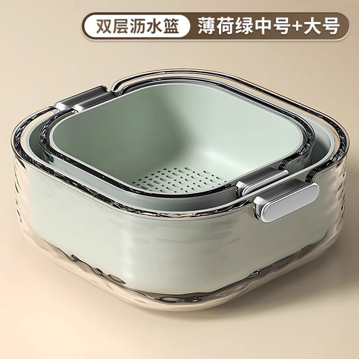 双层洗菜盆沥水篮六件套厨房客厅家用洗水果盘简约塑料淘菜菜篮子