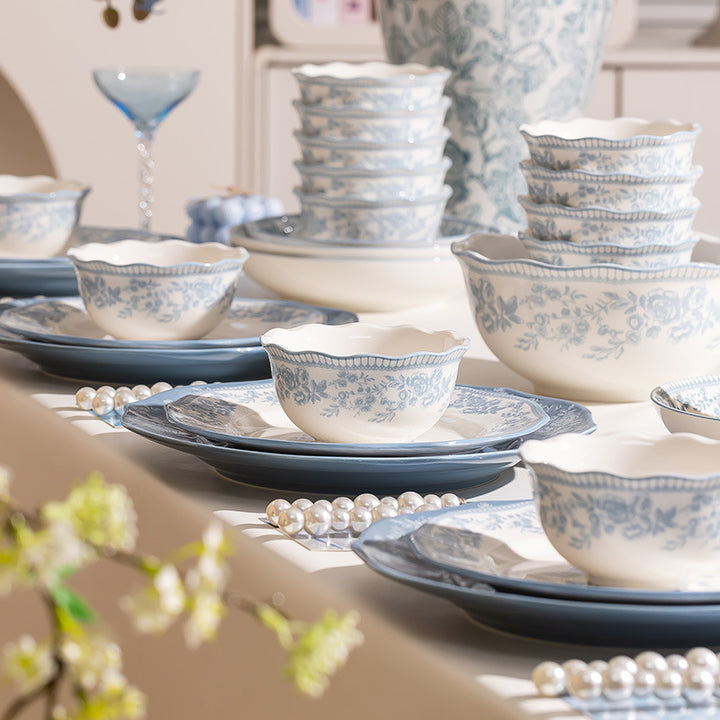 KANGMO Vintage Blue Floral Ceramic Set - Premium Rice Bowls & Soup Noodle Bowls