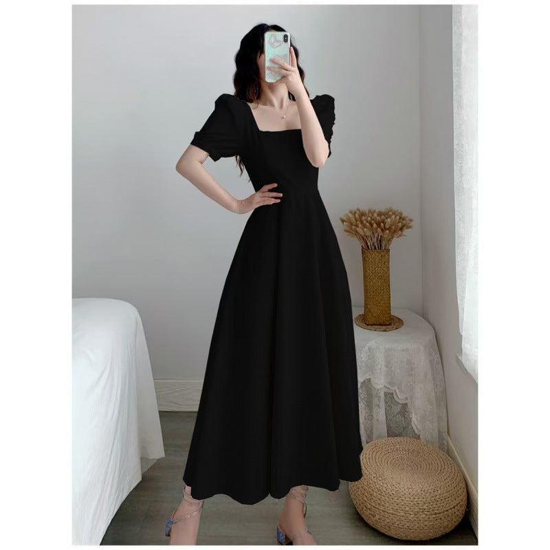 Plus Size Hepburn Style Little Black Dress – French Vintage Square Neck Puff Sleeve Slim Midi Dress
