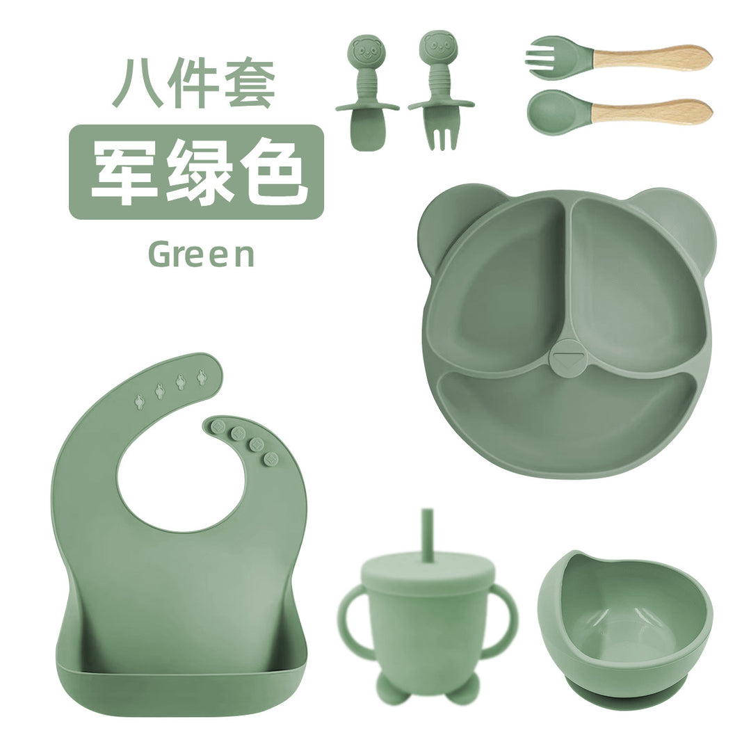 新品婴儿硅胶餐具套装辅食八件套食品级婴幼儿吸盘式围兜勺子餐具