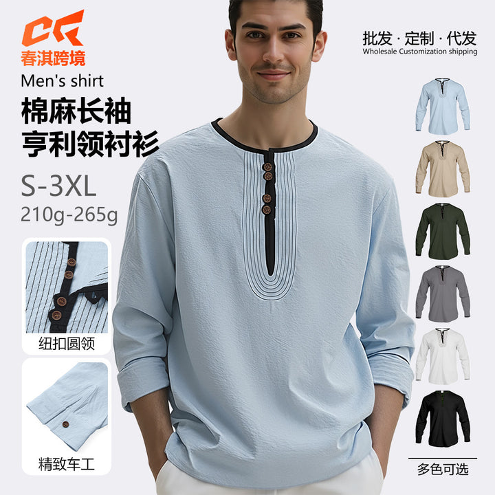 亚马逊新款休闲海滩男衬衫欧美TEMU棉麻亚麻沙漠风长袖polo衫