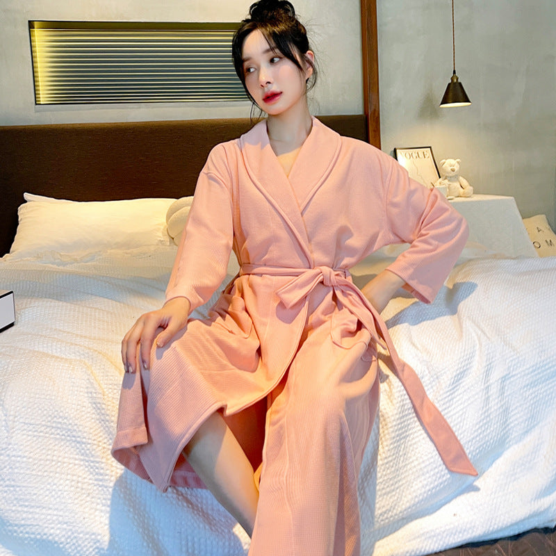 华夫格情侣浴袍女春秋夏季宽松中长款大衣男士睡袍简约大码家居服