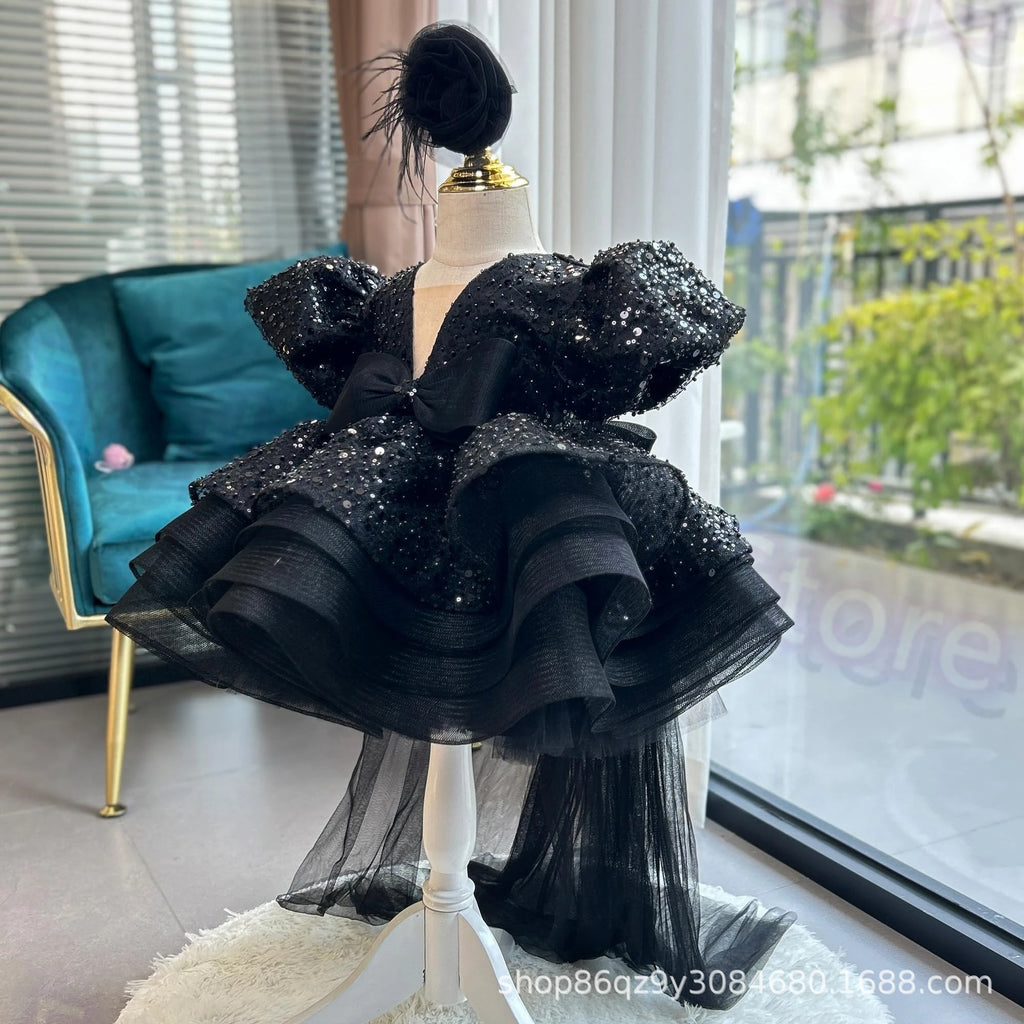 儿童紫色短款礼服亚马逊独立站亮片蓬蓬裙时尚款生日派对公主裙