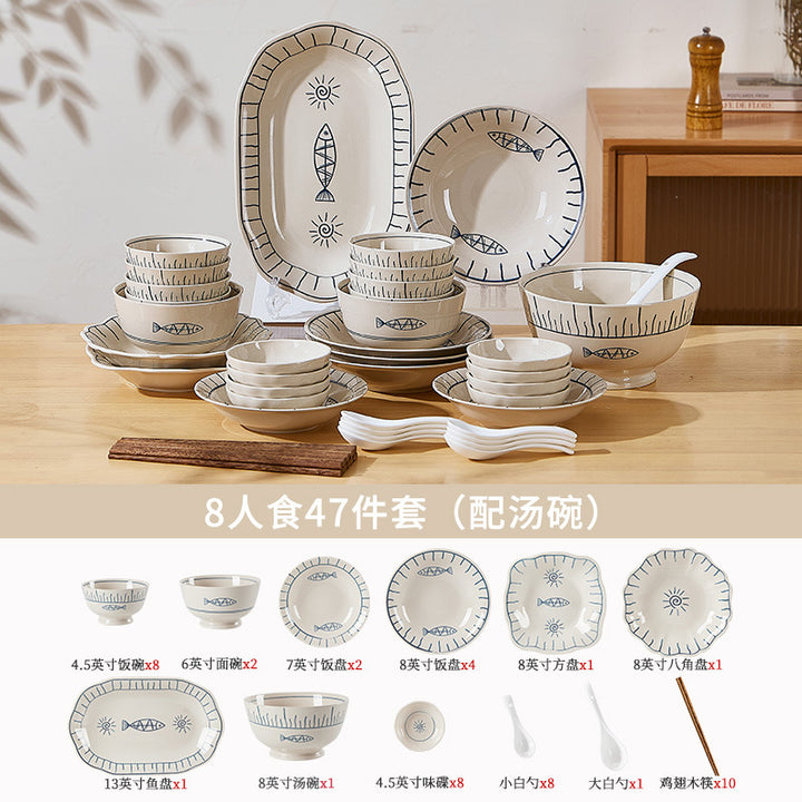 日式釉下彩陶瓷碗盘套装家用餐具一人食高颜值餐具套装乔迁送礼