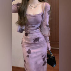 French Vintage Purple Ink Floral Slip Dress – Elegant Slim Fit Women's Dress