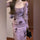 French Vintage Purple Ink Floral Slip Dress – Elegant Slim Fit Women's Dress