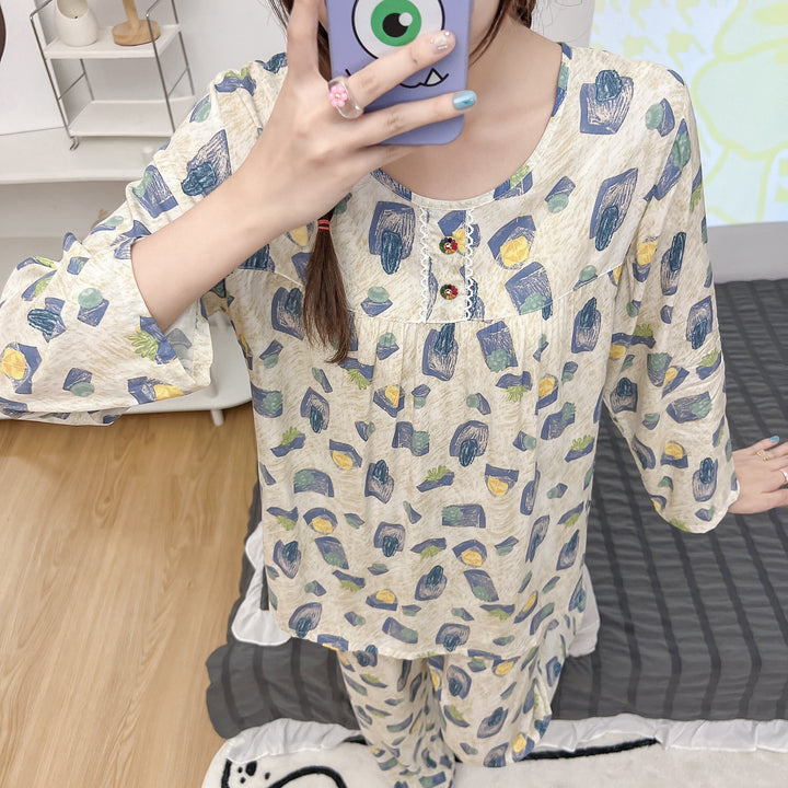 依妮衫人棉绸长袖睡衣女爆款女士家居服夏季长袖人棉套装一件代发