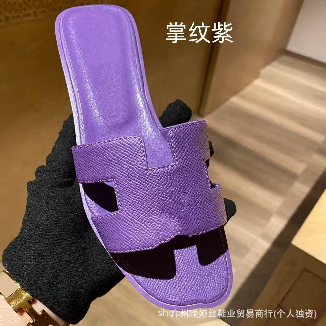 外贸批发经典H女鞋平底居家一字平跟沙滩休闲凉鞋外穿百搭泡沫